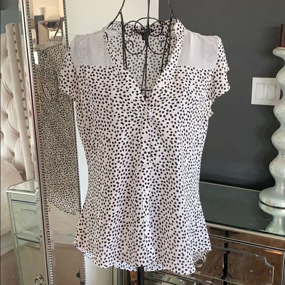EXPRESS Polka dot sheer shoulder black/white blouse, size S - Picture 3 of 7
